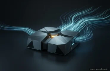 Procesador modular metálico con flujos de datos luminiscentes azules emanando desde los laterales sobre superficie oscura. Imagen generada con IA.