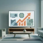 Monitor de televisión con iconos de componentes electrónicos y gráficos de barras ascendentes en una sala moderna. Imagen generada con IA.