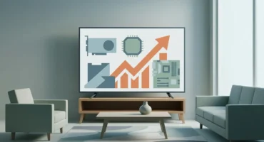 Monitor de televisión con iconos de componentes electrónicos y gráficos de barras ascendentes en una sala moderna. Imagen generada con IA.