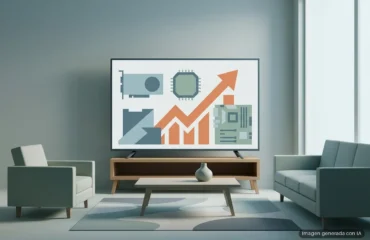225-graficas-dedicadas-venden-mas-cuatro-anos-subida-precios Monitor de televisión con iconos de componentes electrónicos y gráficos de barras ascendentes en una sala moderna. Imagen generada con IA.