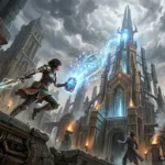 Guerrero saltando con espada y magia azul entre ruinas de ciudad gótica con torres iluminadas de azul. Imagen generada con IA.