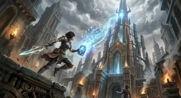 Guerrero saltando con espada y magia azul entre ruinas de ciudad gótica con torres iluminadas de azul. Imagen generada con IA.