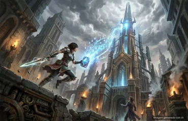 226-final-fantasy-vii-revelation-fisico-descarga-necesaria Guerrero saltando con espada y magia azul entre ruinas de ciudad gótica con torres iluminadas de azul. Imagen generada con IA.