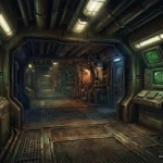 Pasillo de nave industrial futurista con paneles de control a los lados, tuberías oxidadas en el techo y suelo de rejilla metálica. Imagen generada con IA.