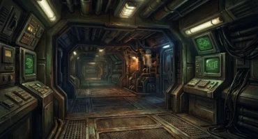 Pasillo de nave industrial futurista con paneles de control a los lados, tuberías oxidadas en el techo y suelo de rejilla metálica. Imagen generada con IA.