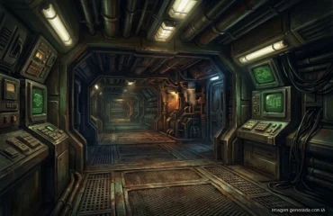 232-alien-isolation-2-solo-se-inspira-en-alien-1979 Pasillo de nave industrial futurista con paneles de control a los lados, tuberías oxidadas en el techo y suelo de rejilla metálica. Imagen generada con IA.