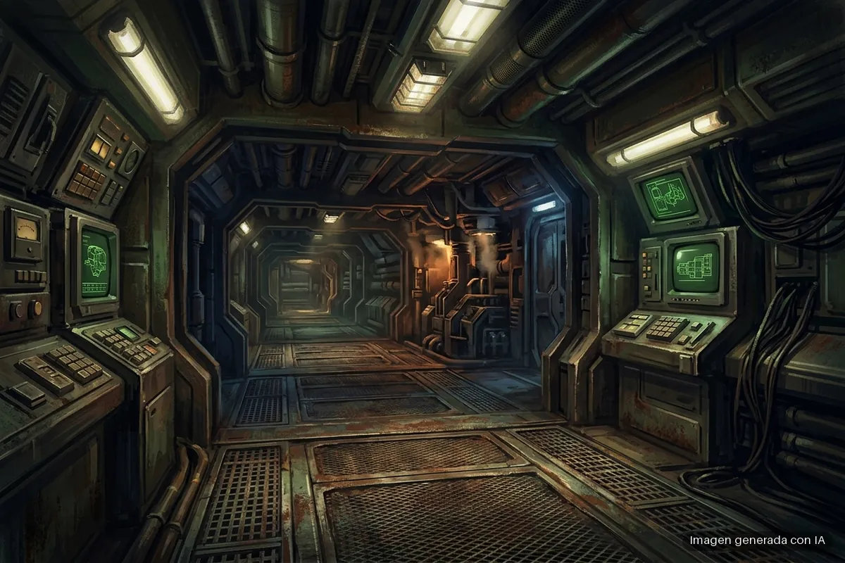 232-alien-isolation-2-solo-se-inspira-en-alien-1979 Pasillo de nave industrial futurista con paneles de control a los lados, tuberías oxidadas en el techo y suelo de rejilla metálica. Imagen generada con IA.