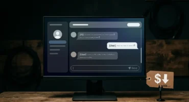 Monitor mostrando una interfaz de chat con mensajes de usuario e IA, junto a una etiqueta de precio con símbolo de dólar. Imagen generada con IA.