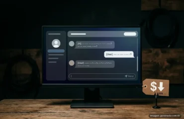 235-meta-lanza-muse-spark-1-3 Monitor mostrando una interfaz de chat con mensajes de usuario e IA, junto a una etiqueta de precio con símbolo de dólar. Imagen generada con IA.