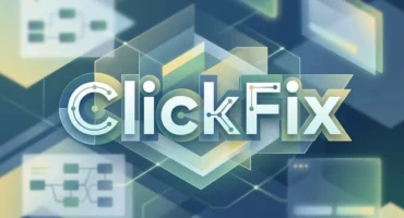 Logotipo ClickFix en letras tridimensionales sobre fondo abstracto con formas geométricas en tonos azules y verdes. Imagen generada con IA.