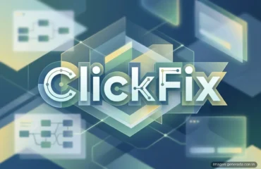 236-mas-5400-webs-hackeadas-clickfix-blockchain Logotipo ClickFix en letras tridimensionales sobre fondo abstracto con formas geométricas en tonos azules y verdes. Imagen generada con IA.