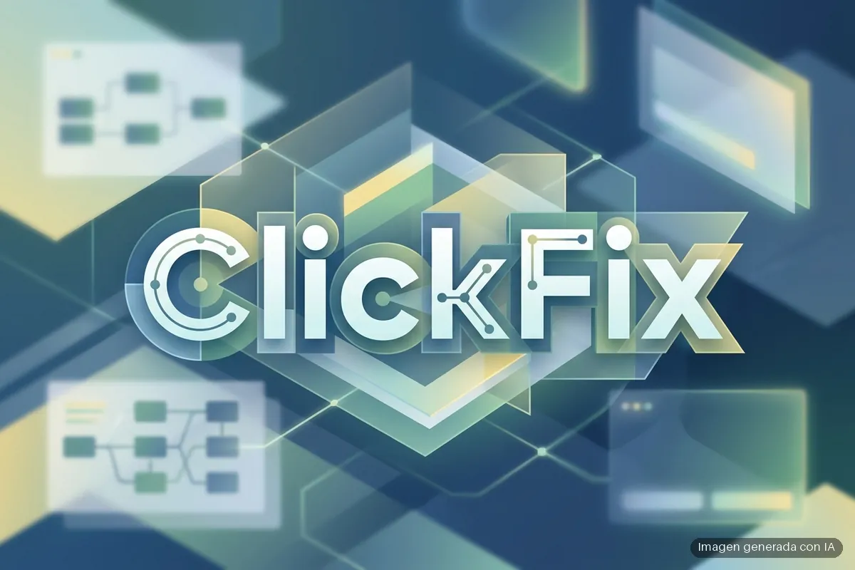 236-mas-5400-webs-hackeadas-clickfix-blockchain Logotipo ClickFix en letras tridimensionales sobre fondo abstracto con formas geométricas en tonos azules y verdes. Imagen generada con IA.