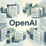 El nombre OpenAI en el centro, rodeado de páginas de documento que se multiplican en perspectiva sobre un fondo geométrico. Imagen generada con IA.