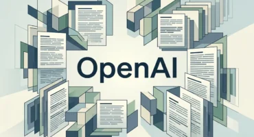 El nombre OpenAI en el centro, rodeado de páginas de documento que se multiplican en perspectiva sobre un fondo geométrico. Imagen generada con IA.