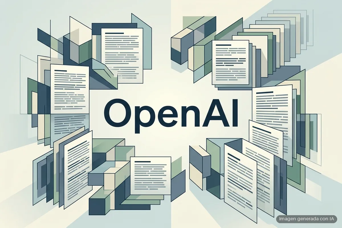 237-openai-admite-no-revelo-secuestro-wiki-aleman-agentes El nombre OpenAI en el centro, rodeado de páginas de documento que se multiplican en perspectiva sobre un fondo geométrico. Imagen generada con IA.