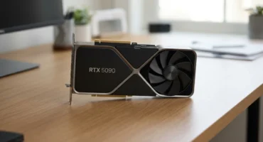 Tarjeta gráfica RTX 5090 de carcasa negra y plateada, apoyada en un escritorio de madera con una oficina desenfocada al fondo. Imagen generada con IA.