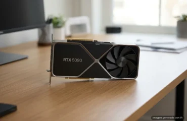 239-rtx-5090-precio-nvidia-msrp-pax-west Tarjeta gráfica RTX 5090 de carcasa negra y plateada, apoyada en un escritorio de madera con una oficina desenfocada al fondo. Imagen generada con IA.