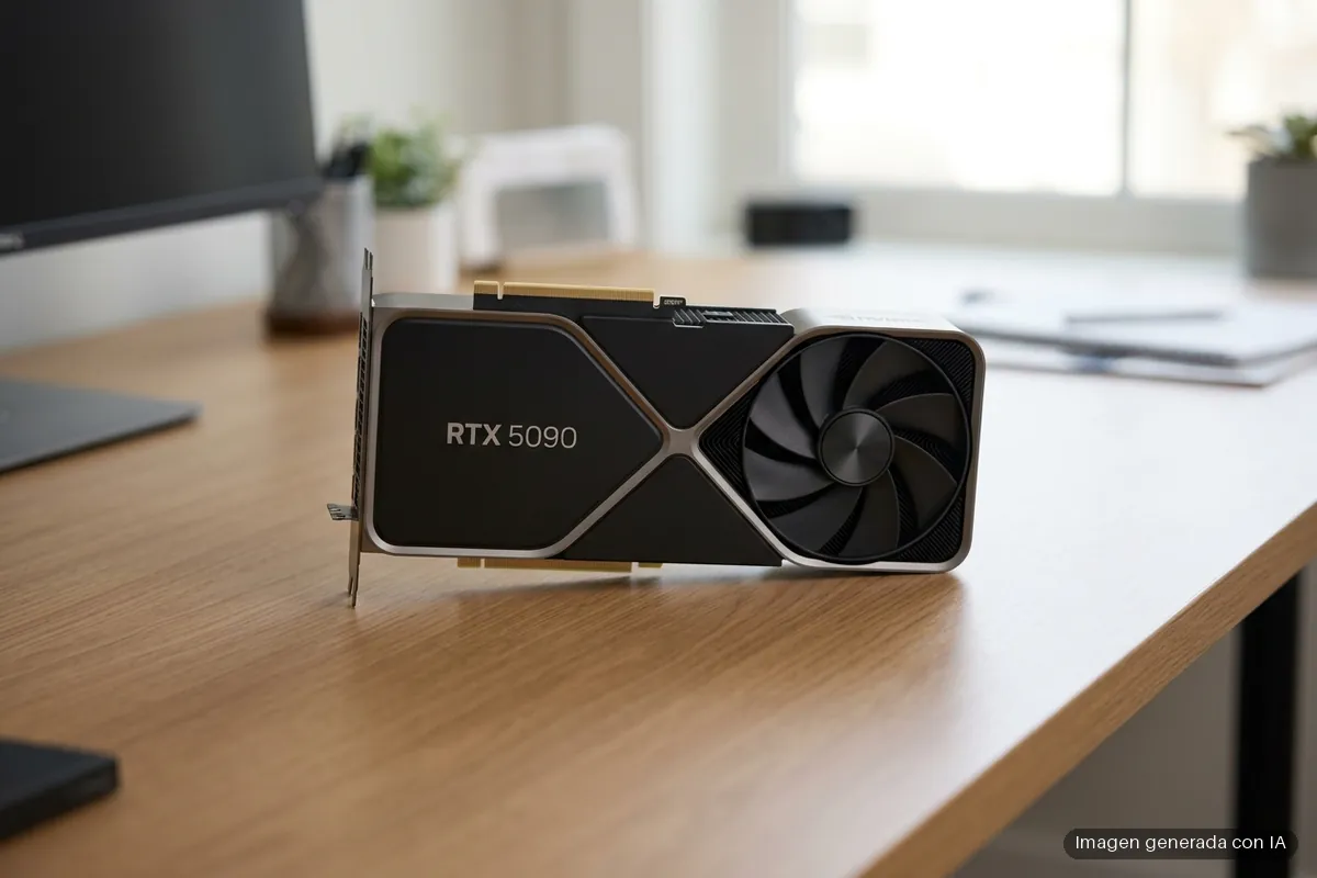 239-rtx-5090-precio-nvidia-msrp-pax-west Tarjeta gráfica RTX 5090 de carcasa negra y plateada, apoyada en un escritorio de madera con una oficina desenfocada al fondo. Imagen generada con IA.