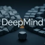 El nombre DeepMind entre dos grupos de bloques, unos rotos y otros ordenados, con un dado en primer plano sobre fondo oscuro. Imagen generada con IA.