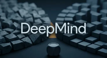 El nombre DeepMind entre dos grupos de bloques, unos rotos y otros ordenados, con un dado en primer plano sobre fondo oscuro. Imagen generada con IA.