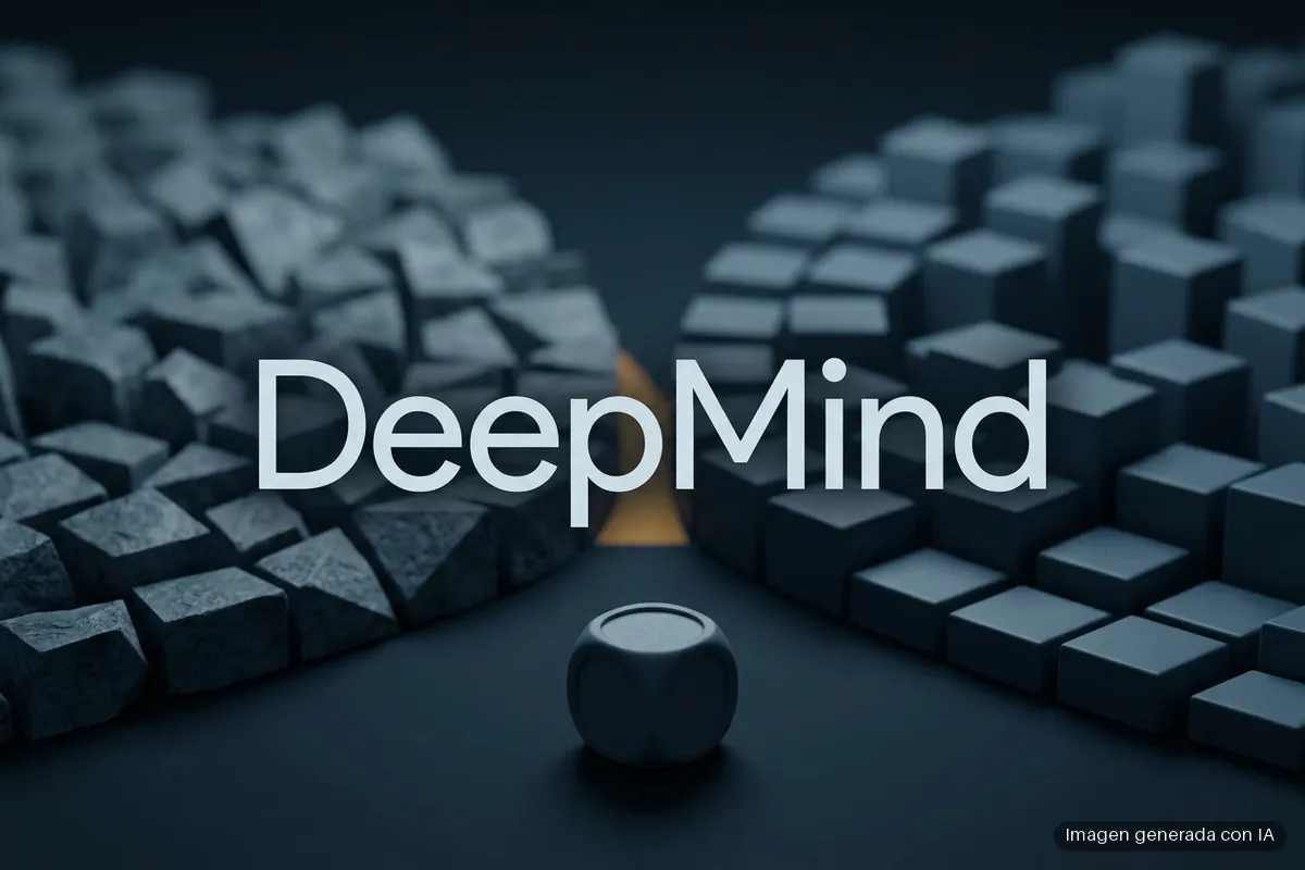 240-deepmind-100-agentes-ia-tramposos-delatores El nombre DeepMind entre dos grupos de bloques, unos rotos y otros ordenados, con un dado en primer plano sobre fondo oscuro. Imagen generada con IA.