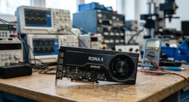 Tarjeta gráfica AMD con el rótulo RDNA 5 y ventilador en primer plano sobre una mesa, con equipos desenfocados al fondo. Imagen generada con IA.