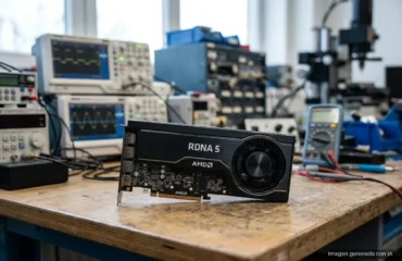 Tarjeta gráfica AMD con el rótulo RDNA 5 y ventilador en primer plano sobre una mesa, con equipos desenfocados al fondo. Imagen generada con IA.