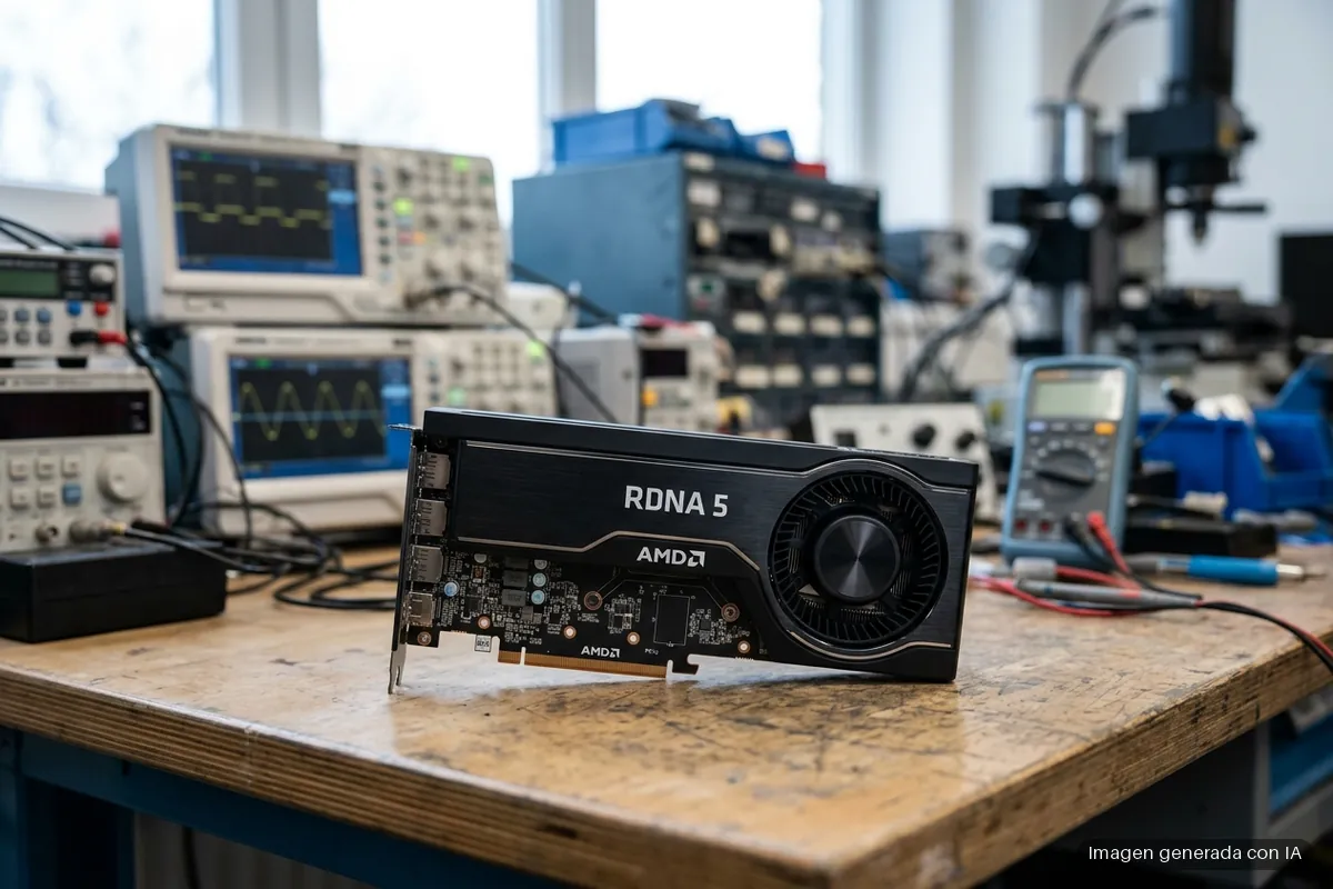 245-amd-rdna-5-retraso-2027-filtracion-kepler-l2 Tarjeta gráfica AMD con el rótulo RDNA 5 y ventilador en primer plano sobre una mesa, con equipos desenfocados al fondo. Imagen generada con IA.