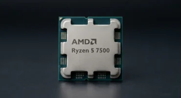 Procesador AMD Ryzen 5 7500 con el logotipo de AMD en la tapa, en primer plano sobre una superficie oscura lisa. Imagen generada con IA.