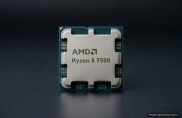 Procesador AMD Ryzen 5 7500 con el logotipo de AMD en la tapa, en primer plano sobre una superficie oscura lisa. Imagen generada con IA.