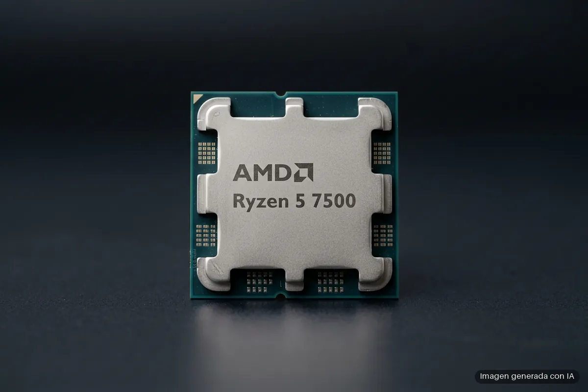 247-filtracion-ryzen-5-7500-amd-230-euros-doble-7500f Procesador AMD Ryzen 5 7500 con el logotipo de AMD en la tapa, en primer plano sobre una superficie oscura lisa. Imagen generada con IA.