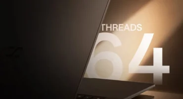 Portátil Sugon N50 Pro entreabierto, visto de lado, junto al rótulo 'THREADS 64' sobre un fondo marrón iluminado