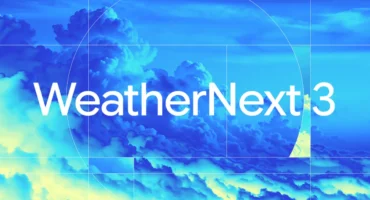 Rótulo 'WeatherNext 3' en blanco sobre un cielo de nubes azules y amarillas