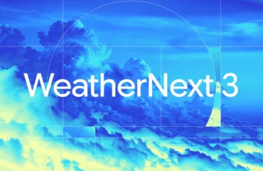 250-weathernext-3-prediccion-tiempo-satelite-en-directo Rótulo 'WeatherNext 3' en blanco sobre un cielo de nubes azules y amarillas
