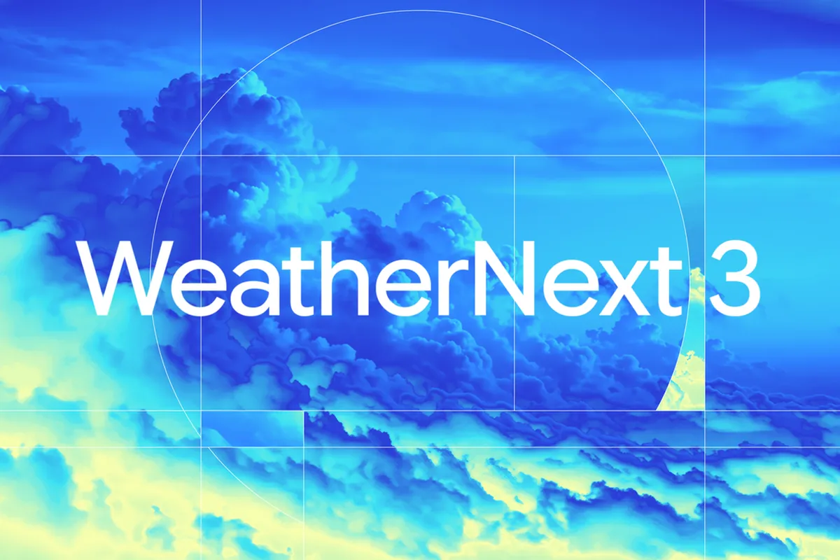 250-weathernext-3-prediccion-tiempo-satelite-en-directo Rótulo 'WeatherNext 3' en blanco sobre un cielo de nubes azules y amarillas