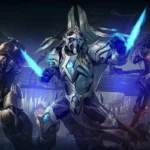 Arte oficial de StarCraft II: un marine terran disparando, un guerrero protoss con hojas de energía y Kerrigan a la derecha