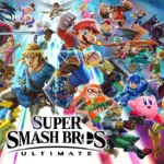 Arte oficial de Super Smash Bros. Ultimate con decenas de luchadores de Nintendo y Mario y Link en el centro