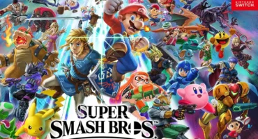 Arte oficial de Super Smash Bros. Ultimate con decenas de luchadores de Nintendo y Mario y Link en el centro