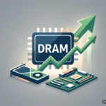 Chip de memoria DRAM con líneas de tendencia alcista en verde y módulos electrónicos a su alrededor sobre fondo gris. Imagen generada con IA.