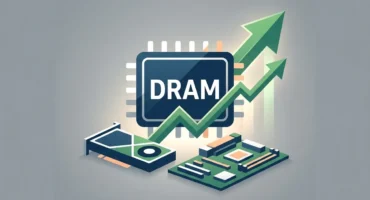 Chip de memoria DRAM con líneas de tendencia alcista en verde y módulos electrónicos a su alrededor sobre fondo gris. Imagen generada con IA.