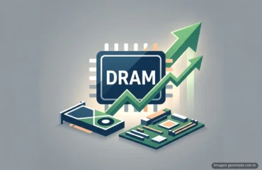 262-ingresos-dram-suben-59-5-por-ciento-demanda-ia Chip de memoria DRAM con líneas de tendencia alcista en verde y módulos electrónicos a su alrededor sobre fondo gris. Imagen generada con IA.