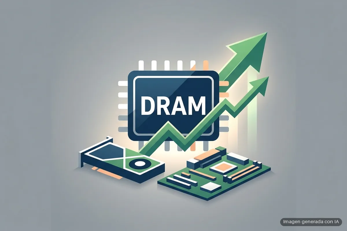 262-ingresos-dram-suben-59-5-por-ciento-demanda-ia Chip de memoria DRAM con líneas de tendencia alcista en verde y módulos electrónicos a su alrededor sobre fondo gris. Imagen generada con IA.