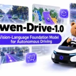 Imagen oficial de Qwen-Drive 1.0: el oso mascota de Qwen al volante de un coche blanco junto a capturas de detección de tráfico y mapas