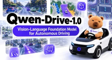 Imagen oficial de Qwen-Drive 1.0: el oso mascota de Qwen al volante de un coche blanco junto a capturas de detección de tráfico y mapas