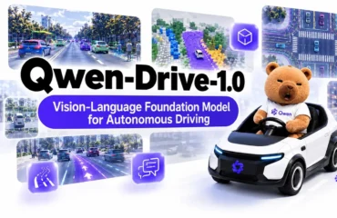 263-qwen-drive-1-0-alibaba-reduce-salidas-de-via-simulacion Imagen oficial de Qwen-Drive 1.0: el oso mascota de Qwen al volante de un coche blanco junto a capturas de detección de tráfico y mapas