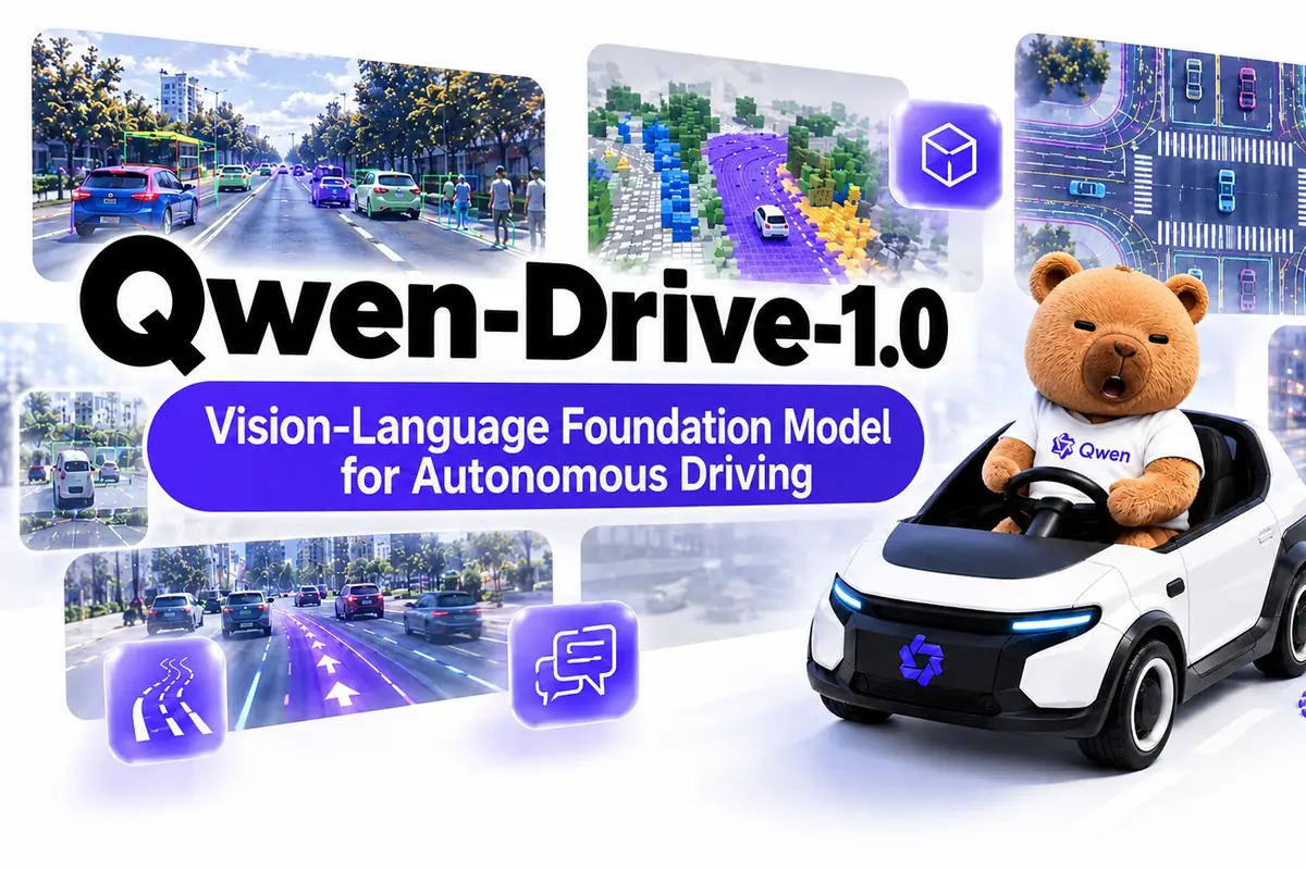 263-qwen-drive-1-0-alibaba-reduce-salidas-de-via-simulacion Imagen oficial de Qwen-Drive 1.0: el oso mascota de Qwen al volante de un coche blanco junto a capturas de detección de tráfico y mapas