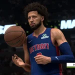 Captura oficial de Nvidia de NBA 2K27 con DLSS 5 activado: Cade Cunningham con el balón y el rótulo DLSS 5 On