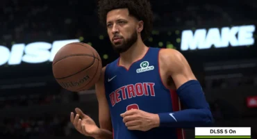 Captura oficial de Nvidia de NBA 2K27 con DLSS 5 activado: Cade Cunningham con el balón y el rótulo DLSS 5 On