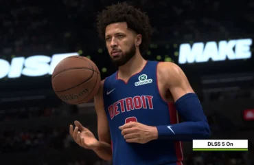 264-dlss-5-coste-procesado-rtx-5090-4k Captura oficial de Nvidia de NBA 2K27 con DLSS 5 activado: Cade Cunningham con el balón y el rótulo DLSS 5 On