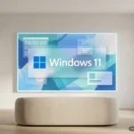 Pantalla en una pared con el logo de Windows 11 y ventanas translúcidas sobre fondo azul y verde. Imagen generada con IA.